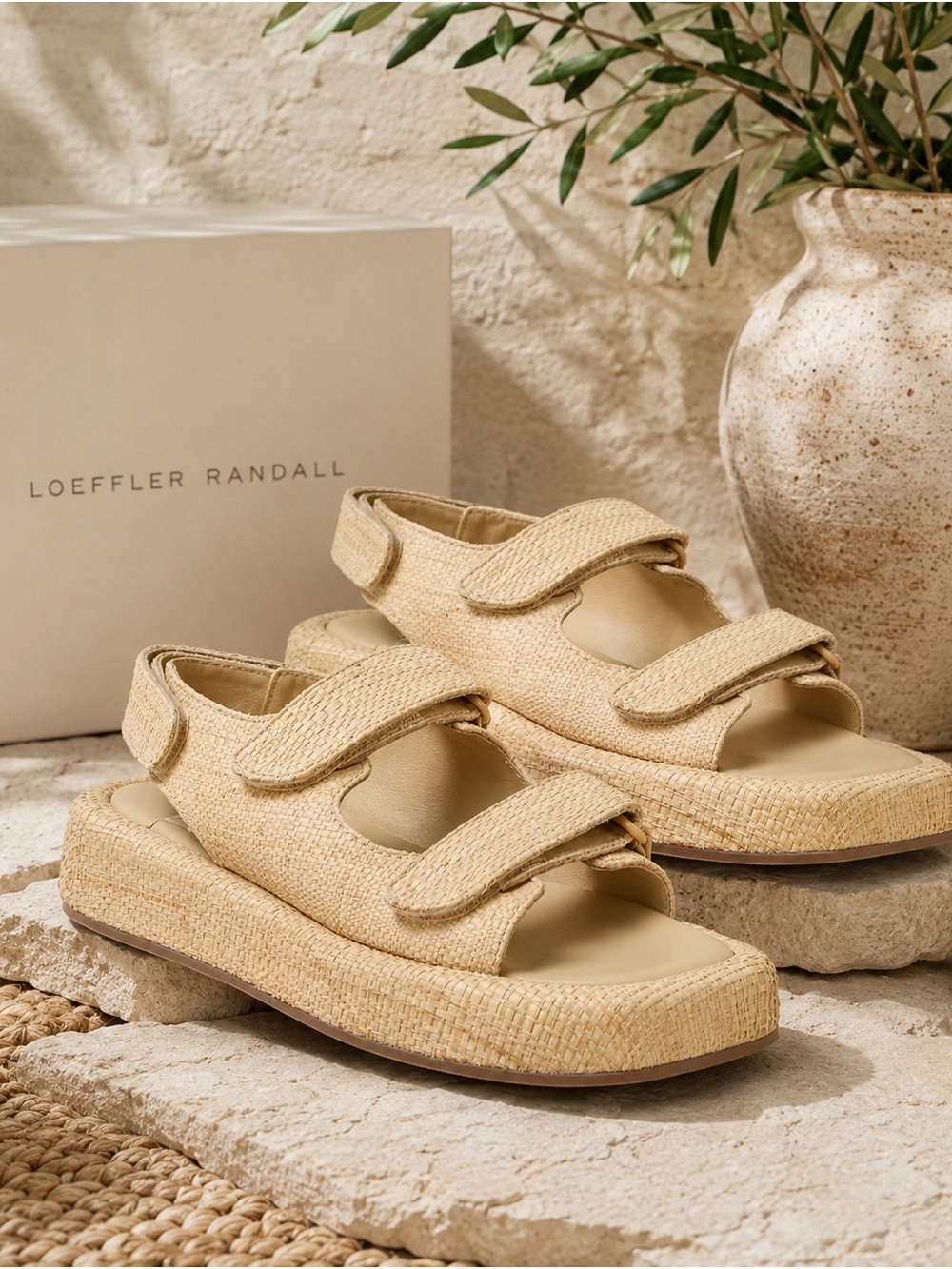 Loeffler Randall Blaise Tan Neutral Raffia Platform Velcro Sandals Size 7